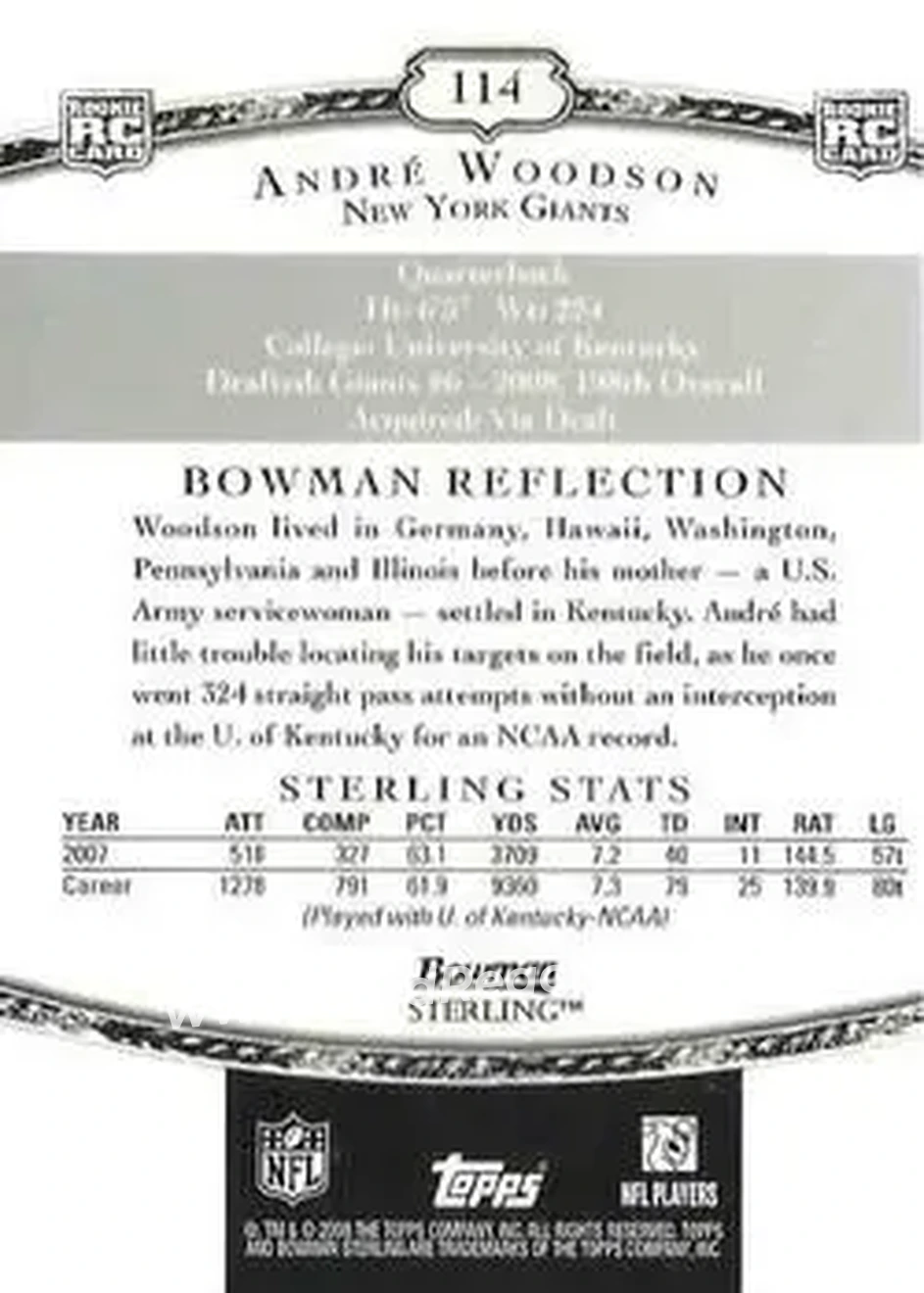 2008 Bowman Sterling #114 - Andre Woodson - New York Giants - Back