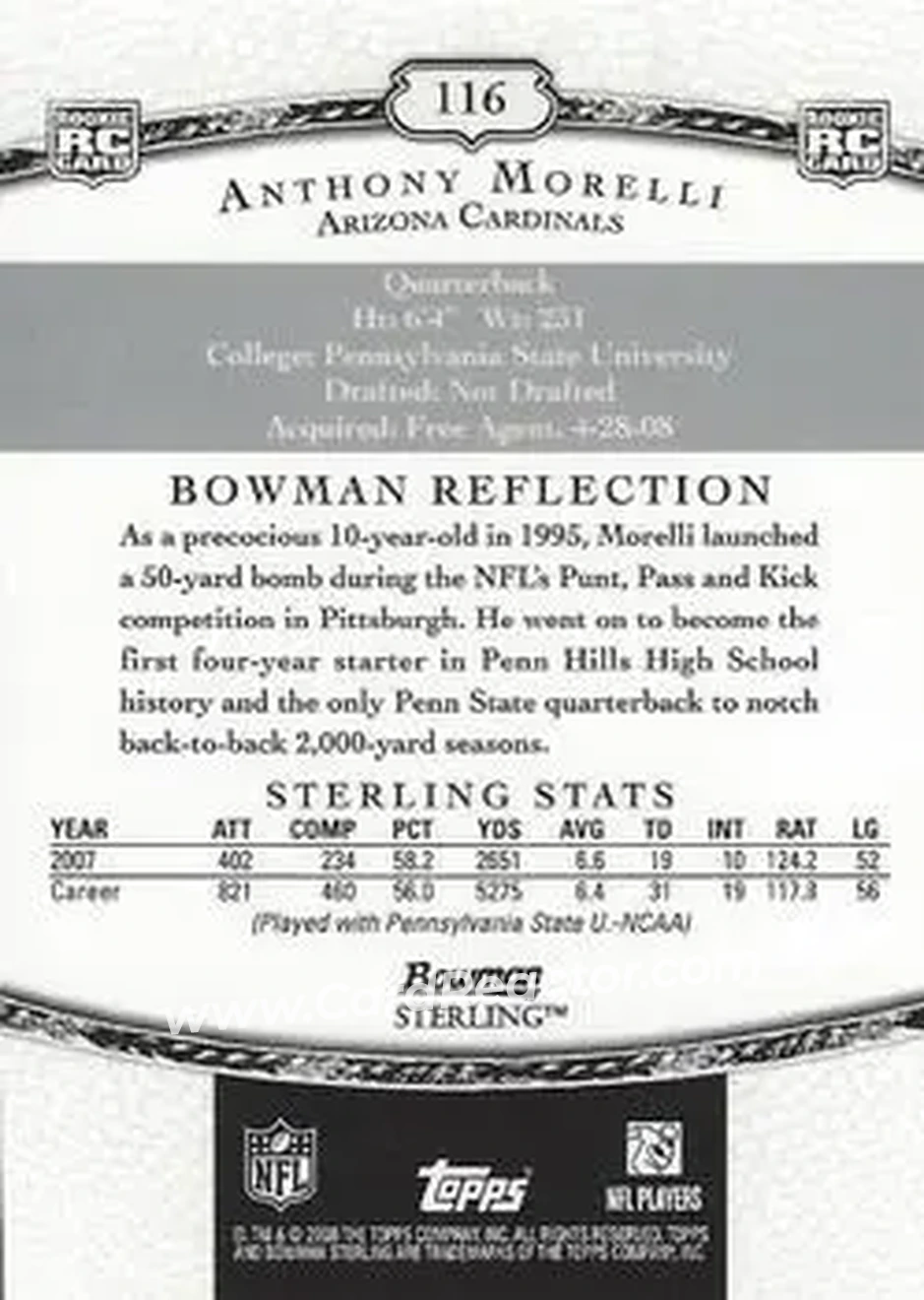 2008 Bowman Sterling #116 - Anthony Morelli - Arizona Cardinals - Back
