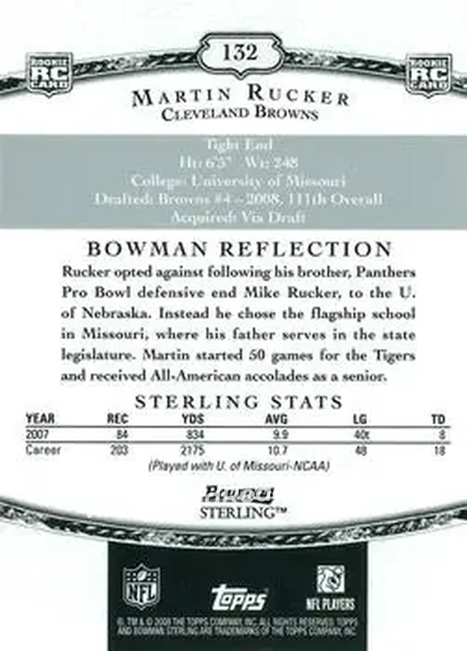2008 Bowman Sterling #132 - Martin Rucker - Cleveland Browns - Back 2008 Bowman Sterling #132 - Martin Rucker - Cleveland Browns - Back