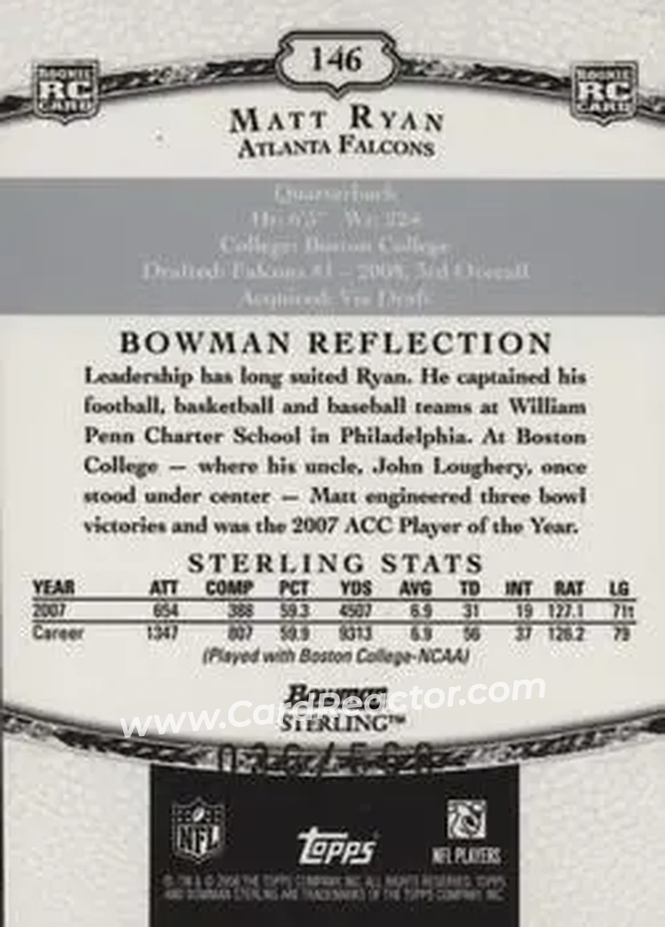 2008 Bowman Sterling #146a - Matt Ryan - Atlanta Falcons - Back 2008 Bowman Sterling #146a - Matt Ryan - Atlanta Falcons - Back