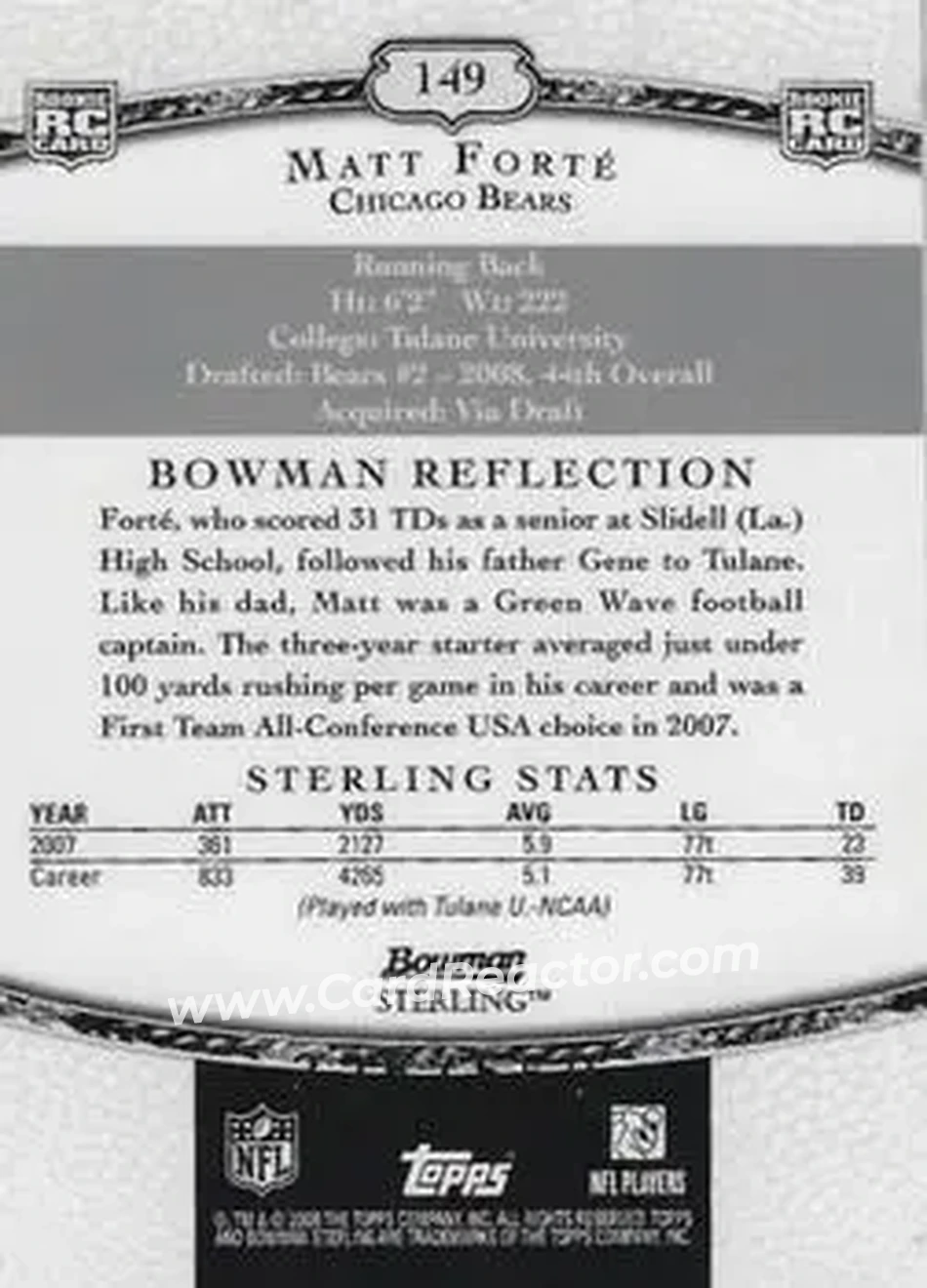 2008 Bowman Sterling #149a - Matt Forte - Chicago Bears - Back