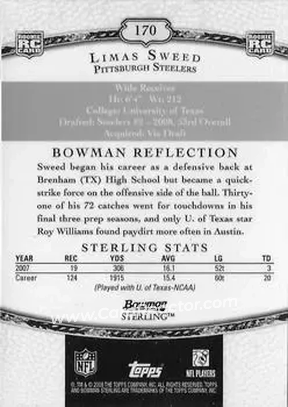 2008 Bowman Sterling #170b - Limas Sweed - Pittsburgh Steelers - Back
