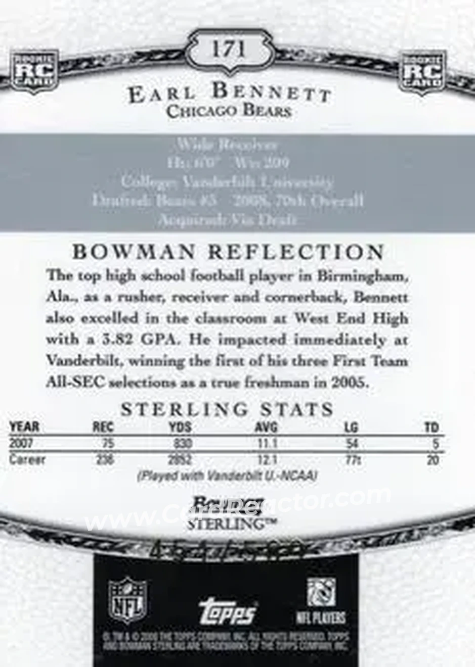 2008 Bowman Sterling #171 - Earl Bennett - Chicago Bears - Back