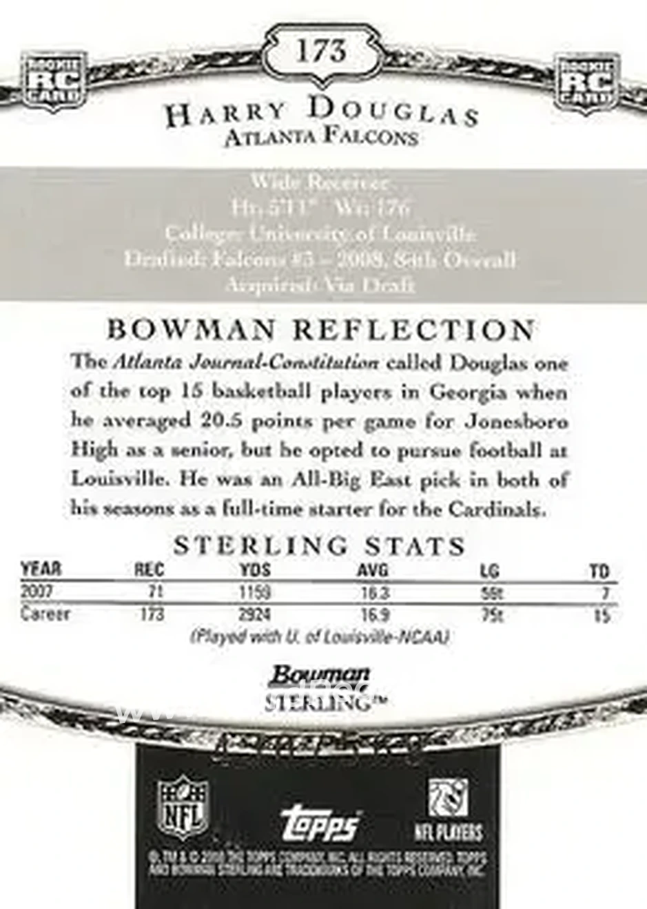 2008 Bowman Sterling #173 - Harry Douglas - Atlanta Falcons - Back 2008 Bowman Sterling #173 - Harry Douglas - Atlanta Falcons - Back