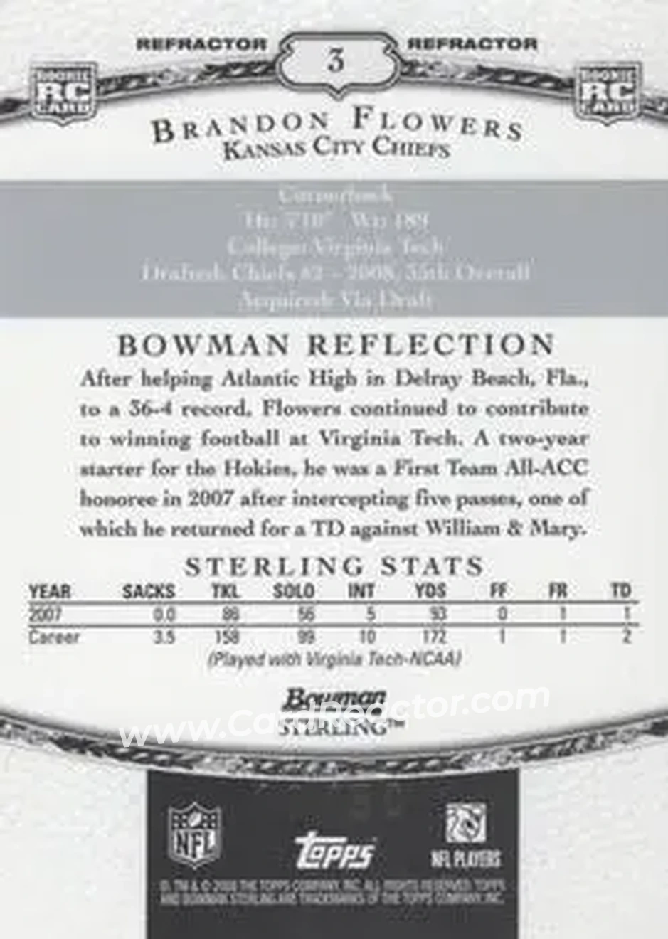 2008 Bowman Sterling - Black Refractors #3 - Brandon Flowers - Kansas City Chiefs - Back 2008 Bowman Sterling - Black Refractors #3 - Brandon Flowers - Kansas City Chiefs - Back