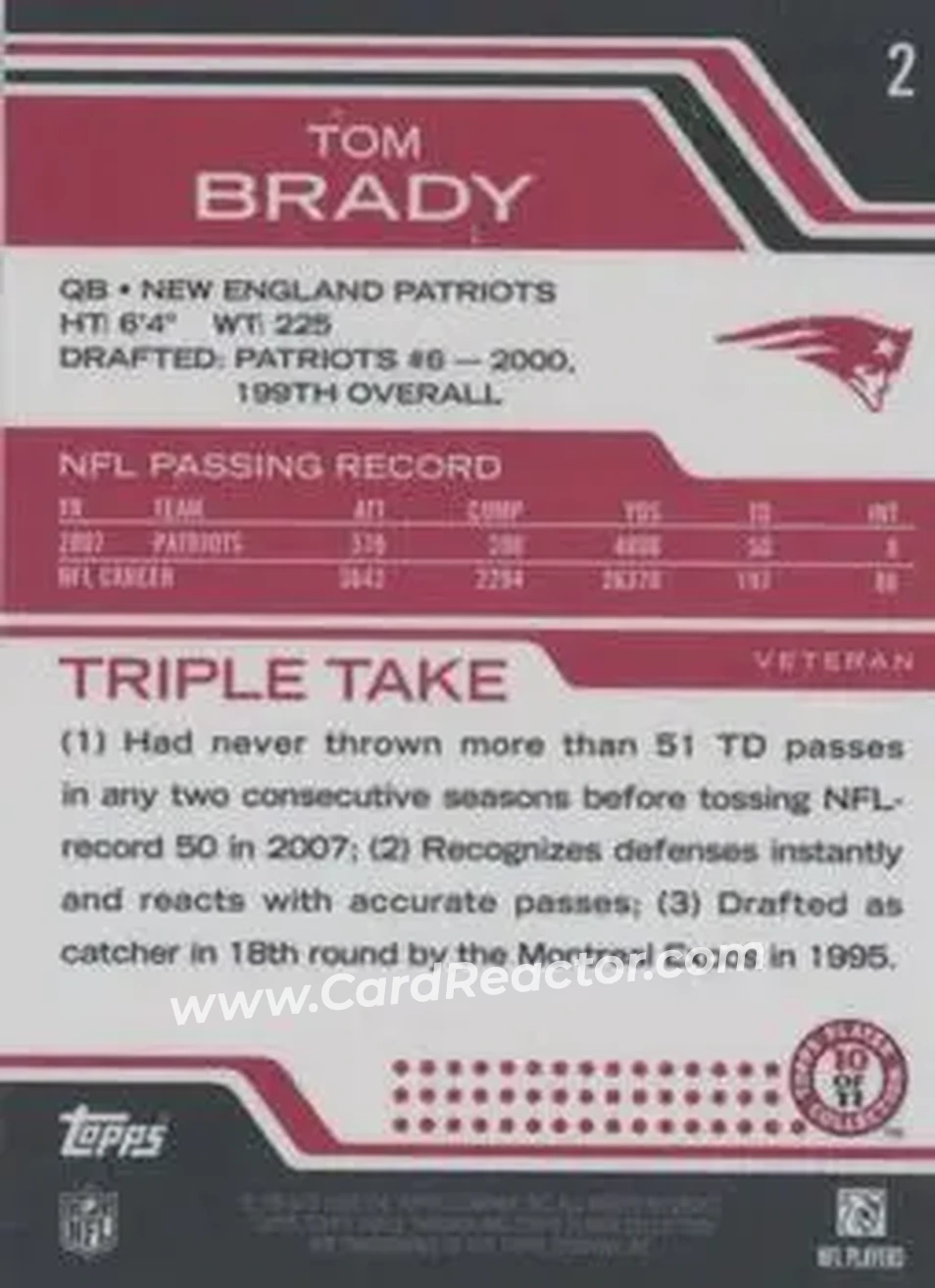 2008 Topps Triple Threads #2 - Tom Brady - New England Patriots - Back