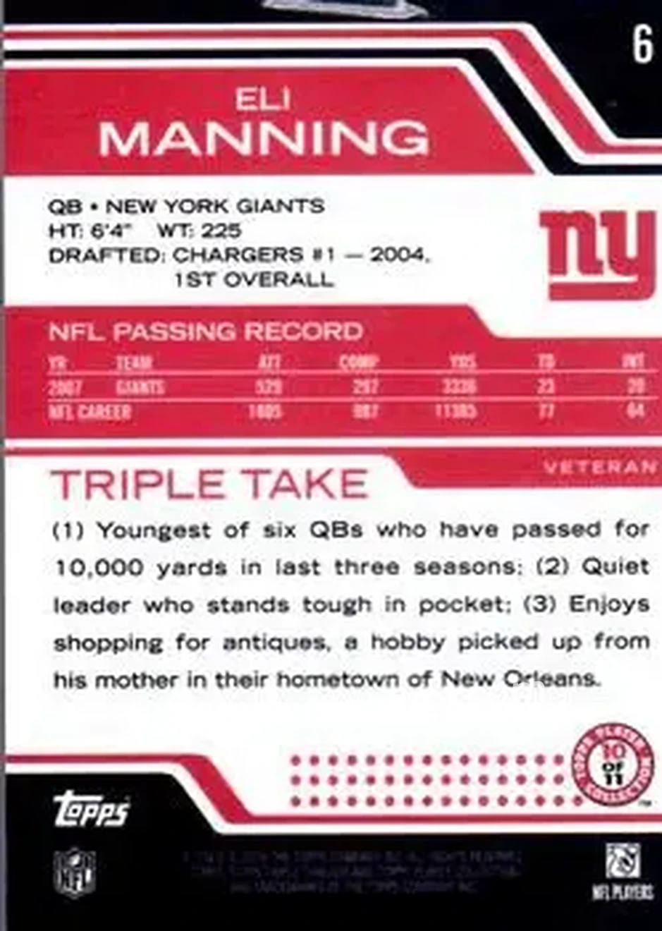 2008 Topps Triple Threads #6 - Eli Manning - New York Giants - Back