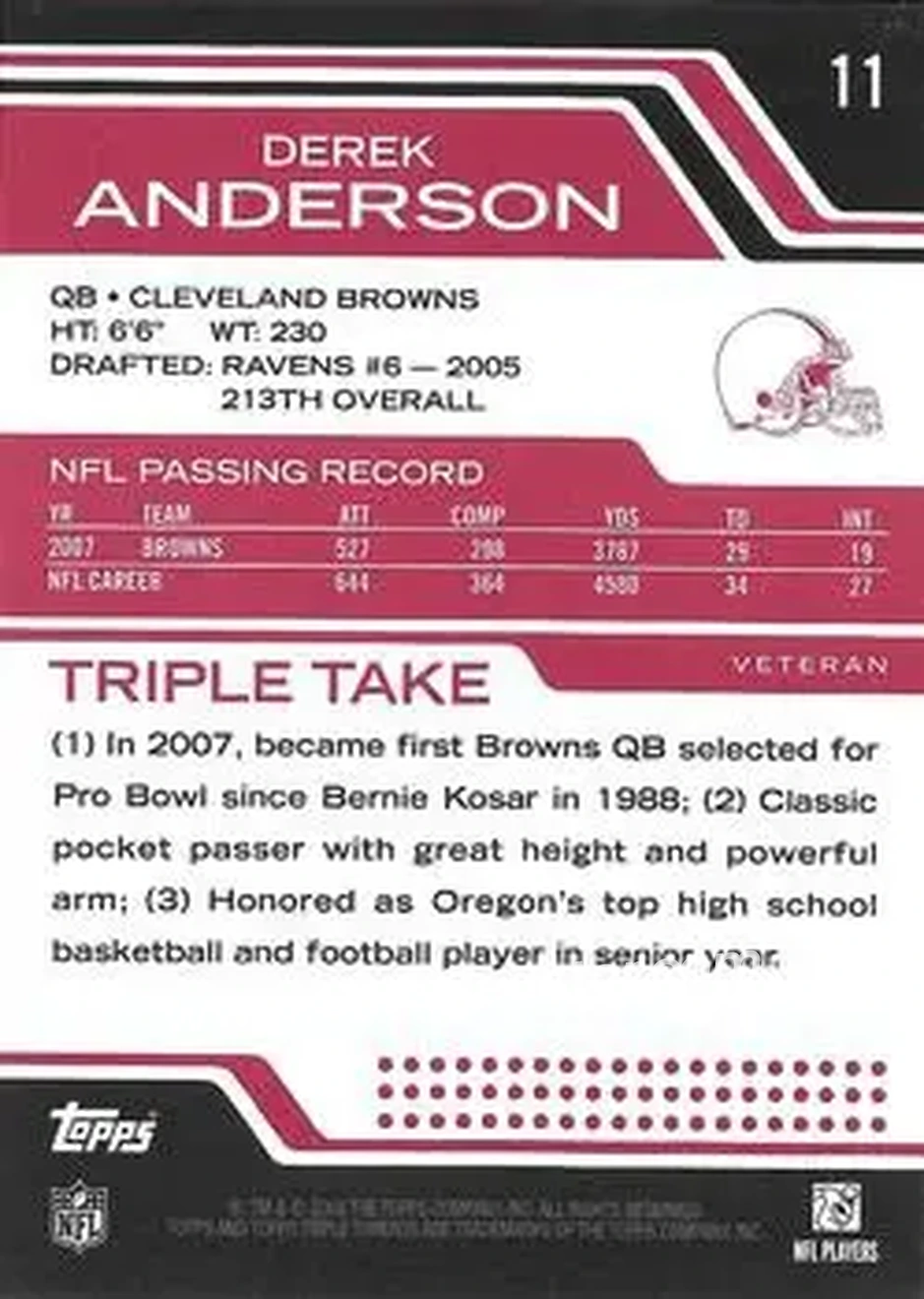 2008 Topps Triple Threads #11 - Derek Anderson - Cleveland Browns - Back