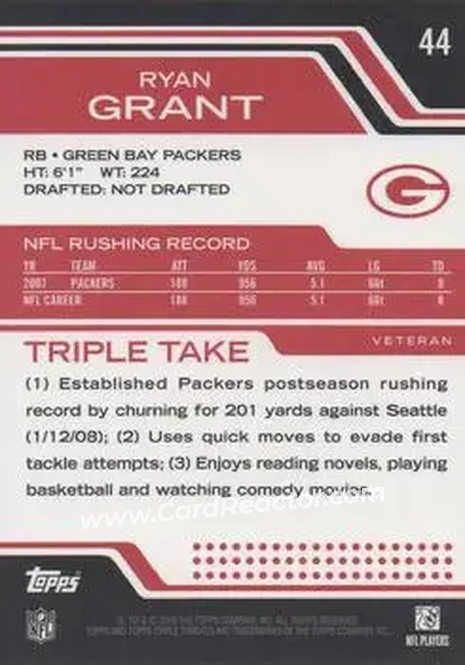 2008 Topps Triple Threads #44 - Ryan Grant - Green Bay Packers - Back