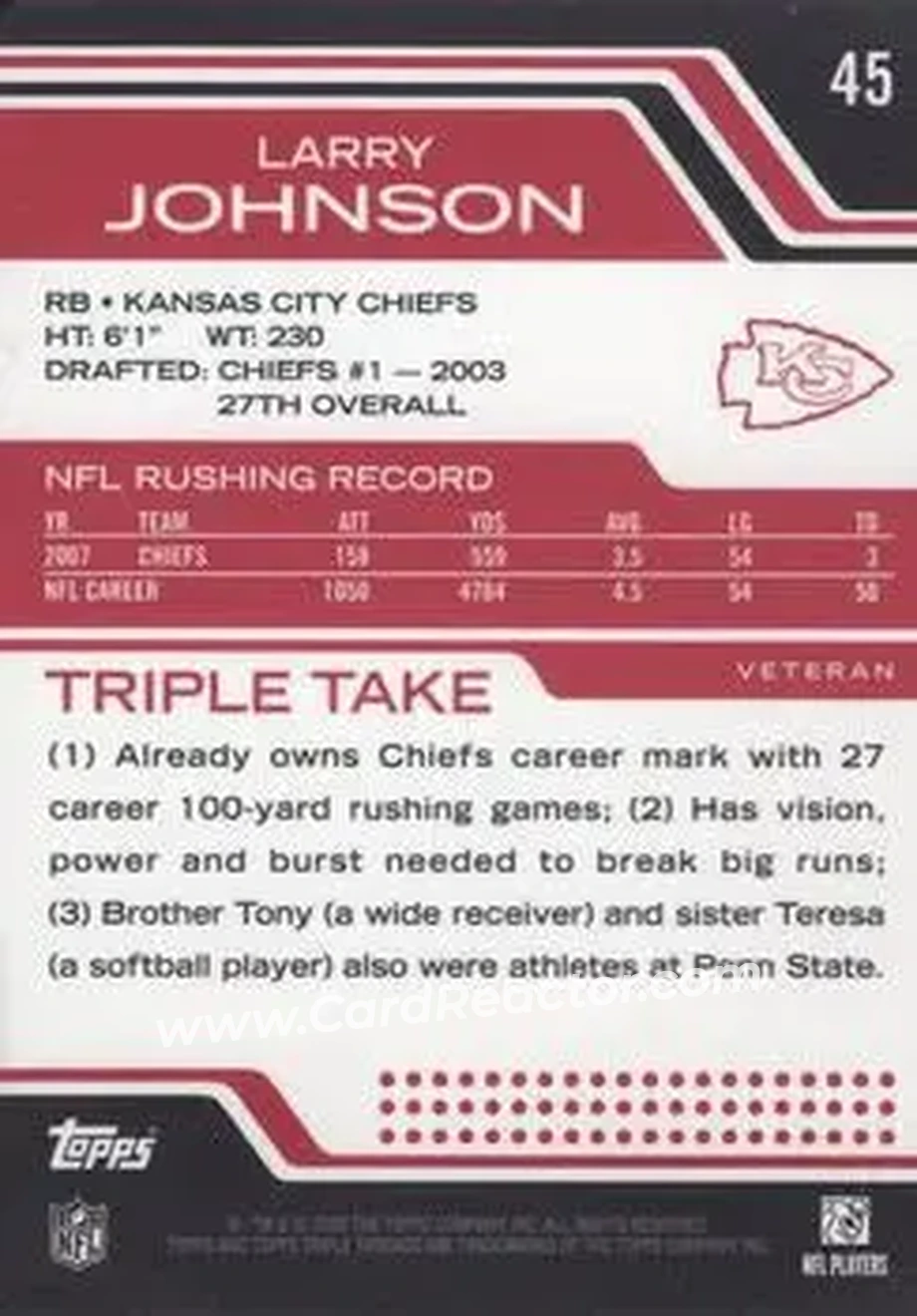 2008 Topps Triple Threads #45 - Larry Johnson - Kansas City Chiefs - Back