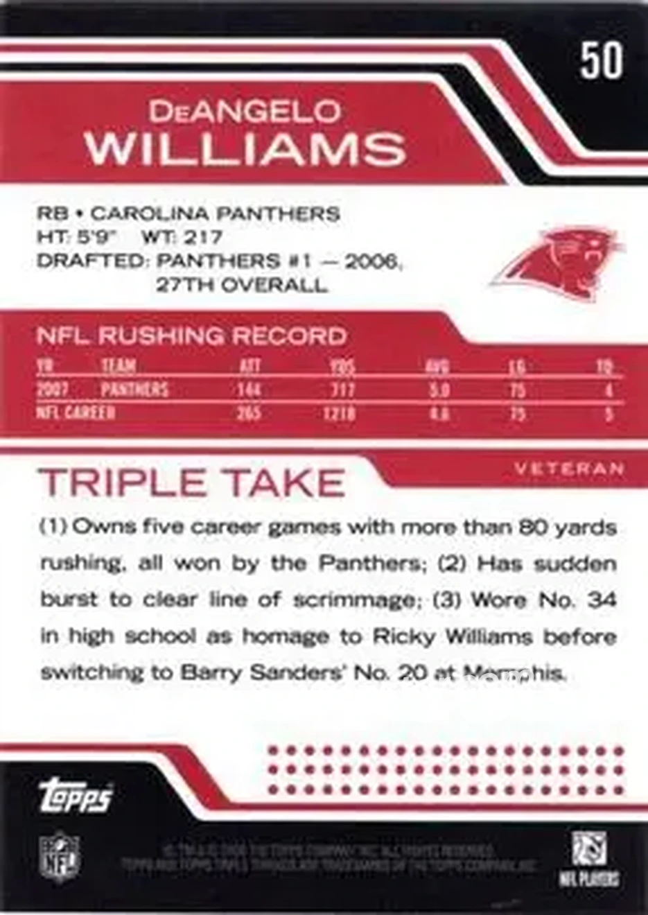 2008 Topps Triple Threads #50 - DeAngelo Williams - Carolina Panthers - Back