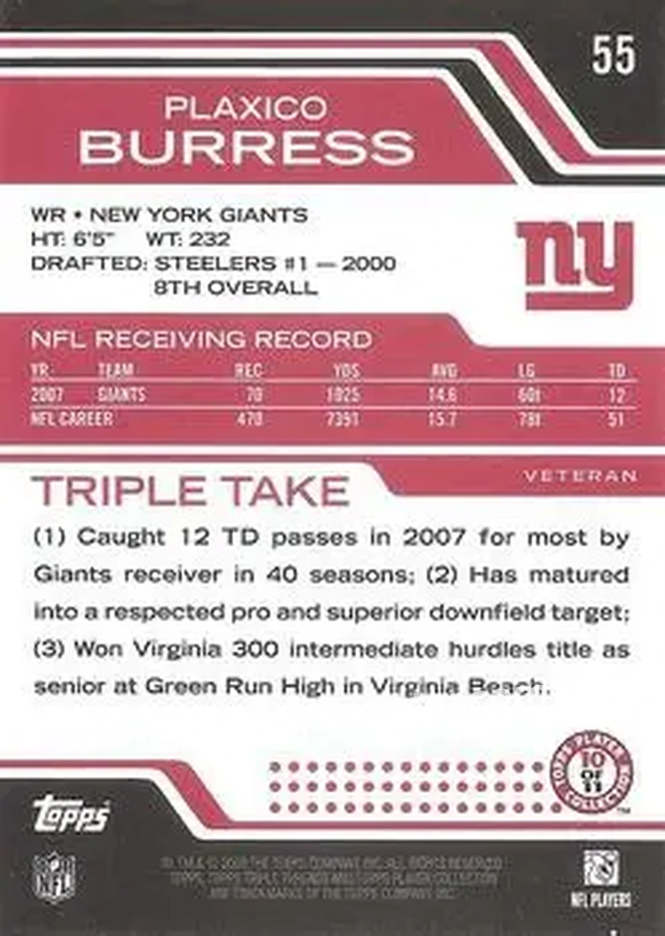 2008 Topps Triple Threads #55 - Plaxico Burress - New York Giants - Back