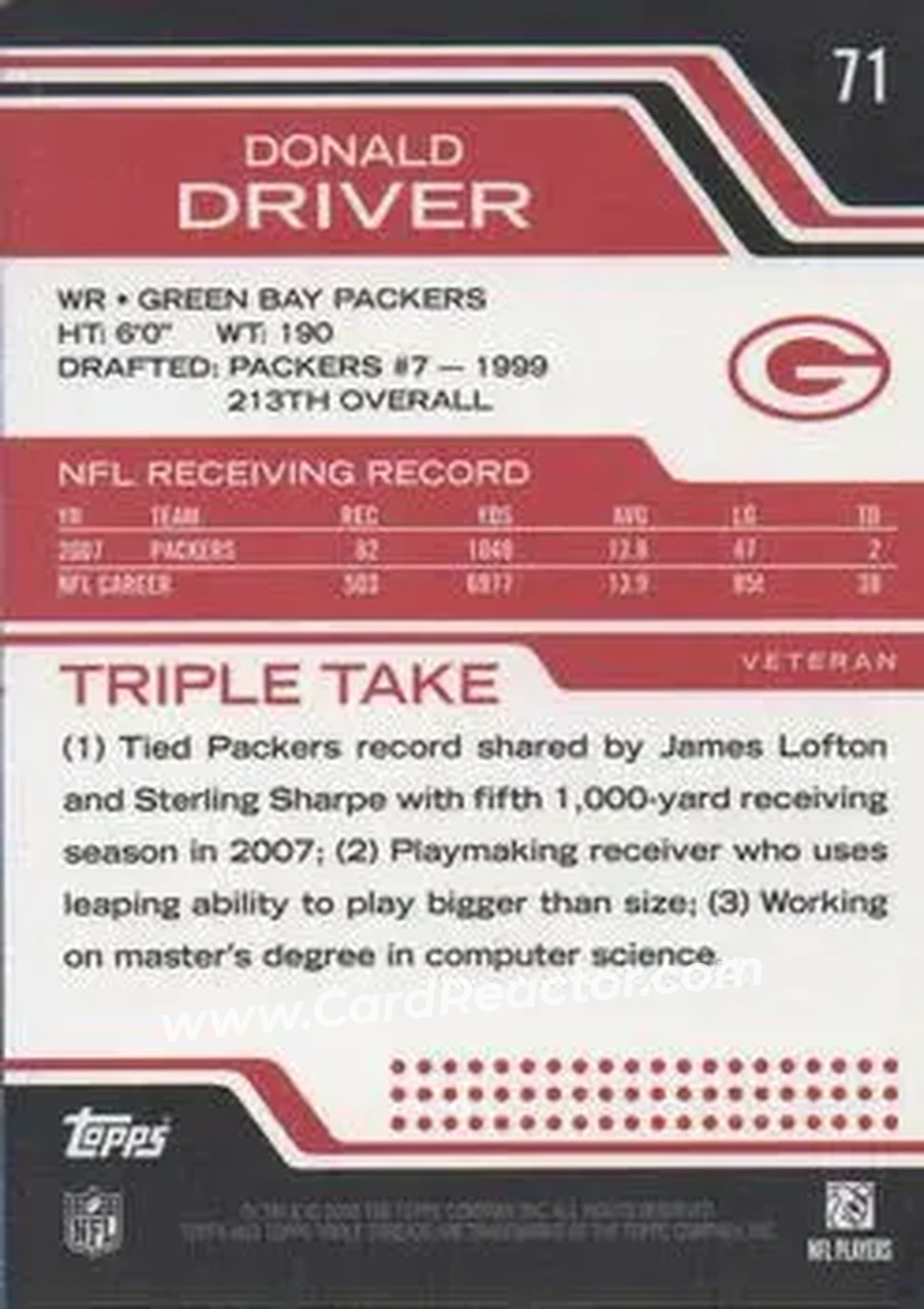 2008 Topps Triple Threads #71 - Donald Driver - Green Bay Packers - Back
