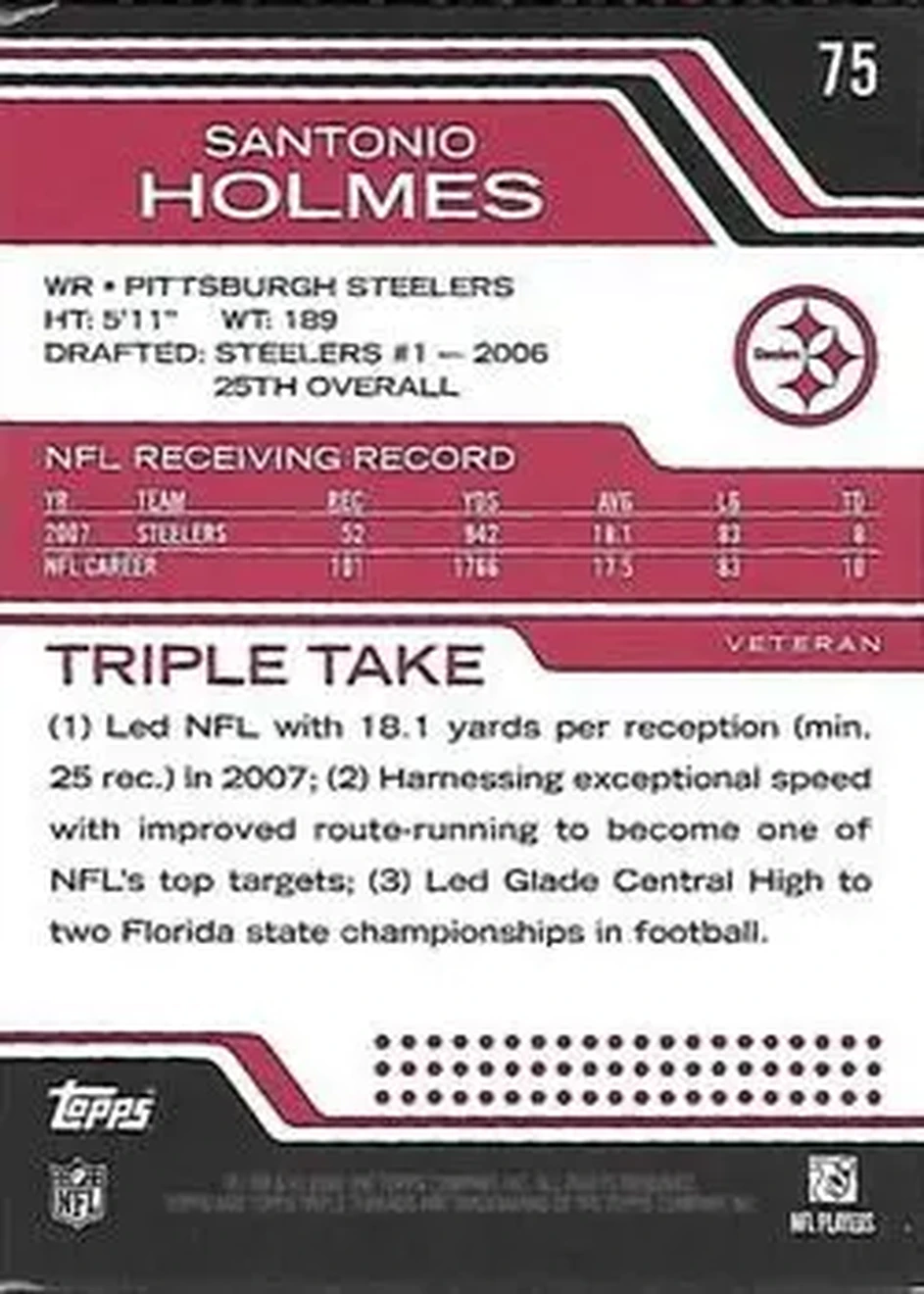 2008 Topps Triple Threads #75 - Santonio Holmes - Pittsburgh Steelers - Back