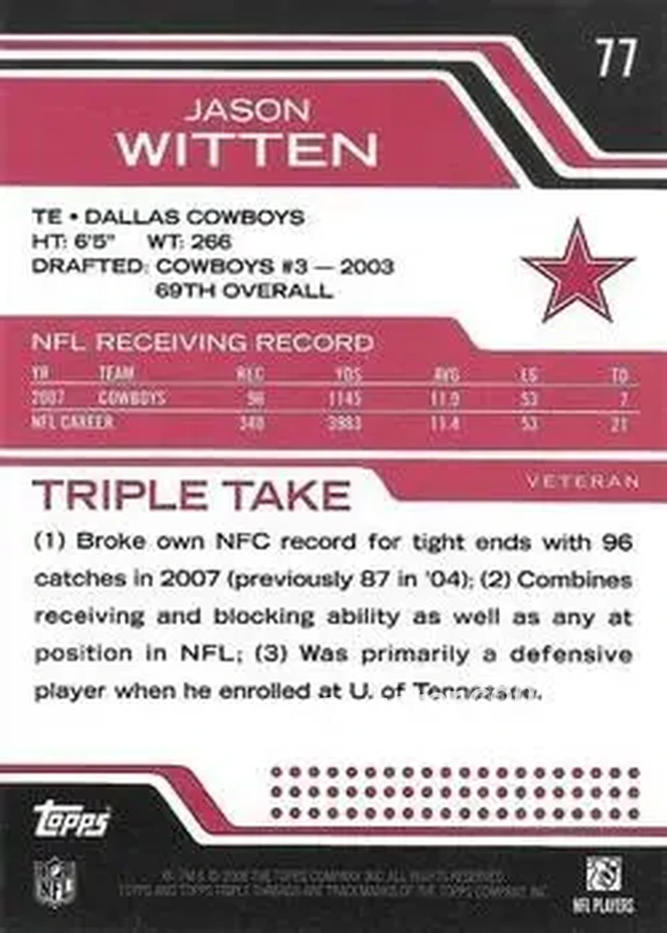 2008 Topps Triple Threads #77 - Jason Witten - Dallas Cowboys - Back