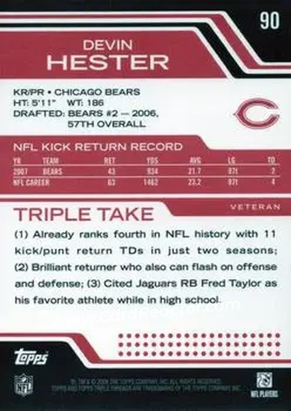 2008 Topps Triple Threads #90 - Devin Hester - Chicago Bears - Back 2008 Topps Triple Threads #90 - Devin Hester - Chicago Bears - Back