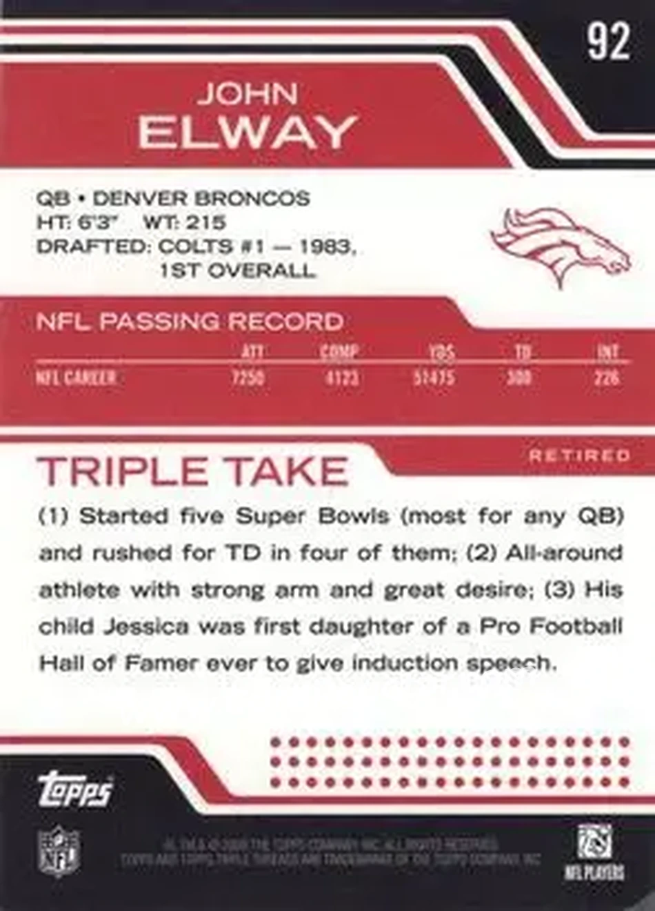 2008 Topps Triple Threads #92 - John Elway - Denver Broncos - Back 2008 Topps Triple Threads #92 - John Elway - Denver Broncos - Back