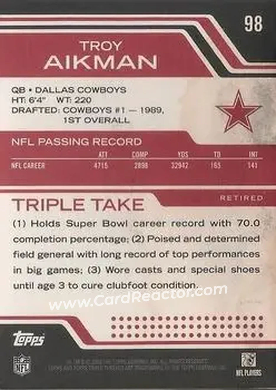 2008 Topps Triple Threads #98 - Troy Aikman - Dallas Cowboys - Back