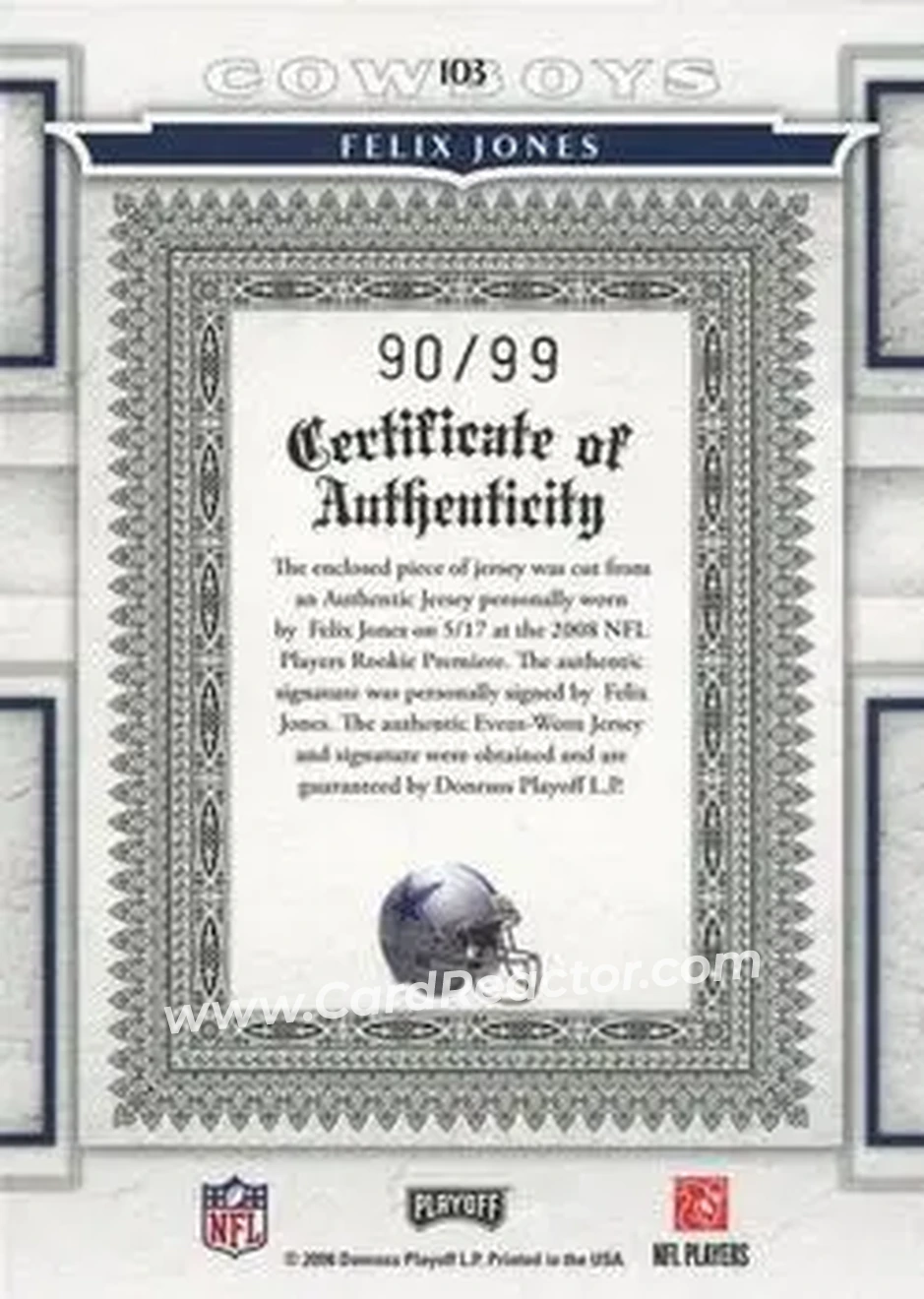 2008 Playoff National Treasures #103 - Felix Jones - Dallas Cowboys - Back