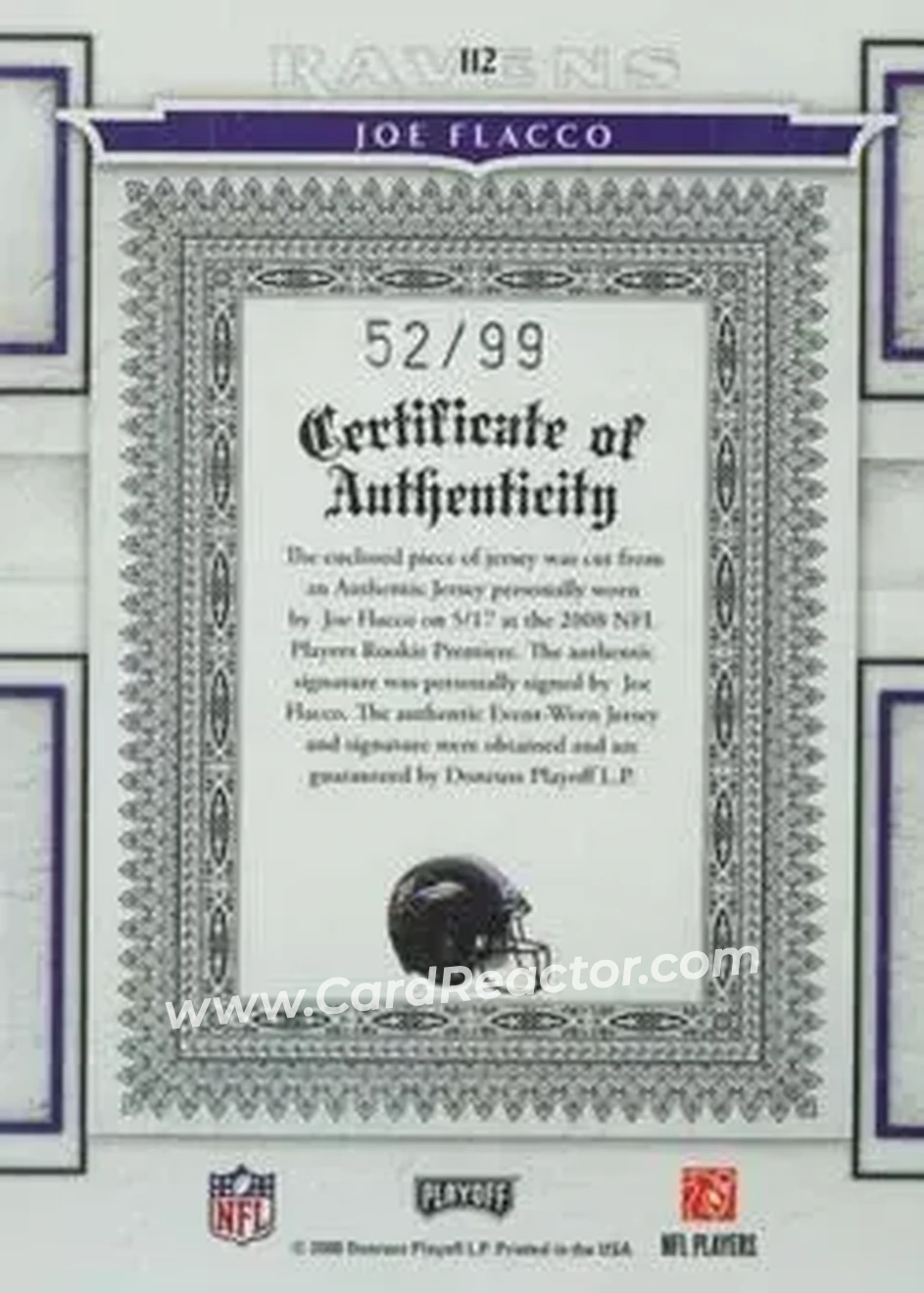 2008 Playoff National Treasures #112 - Joe Flacco - Baltimore Ravens - Back