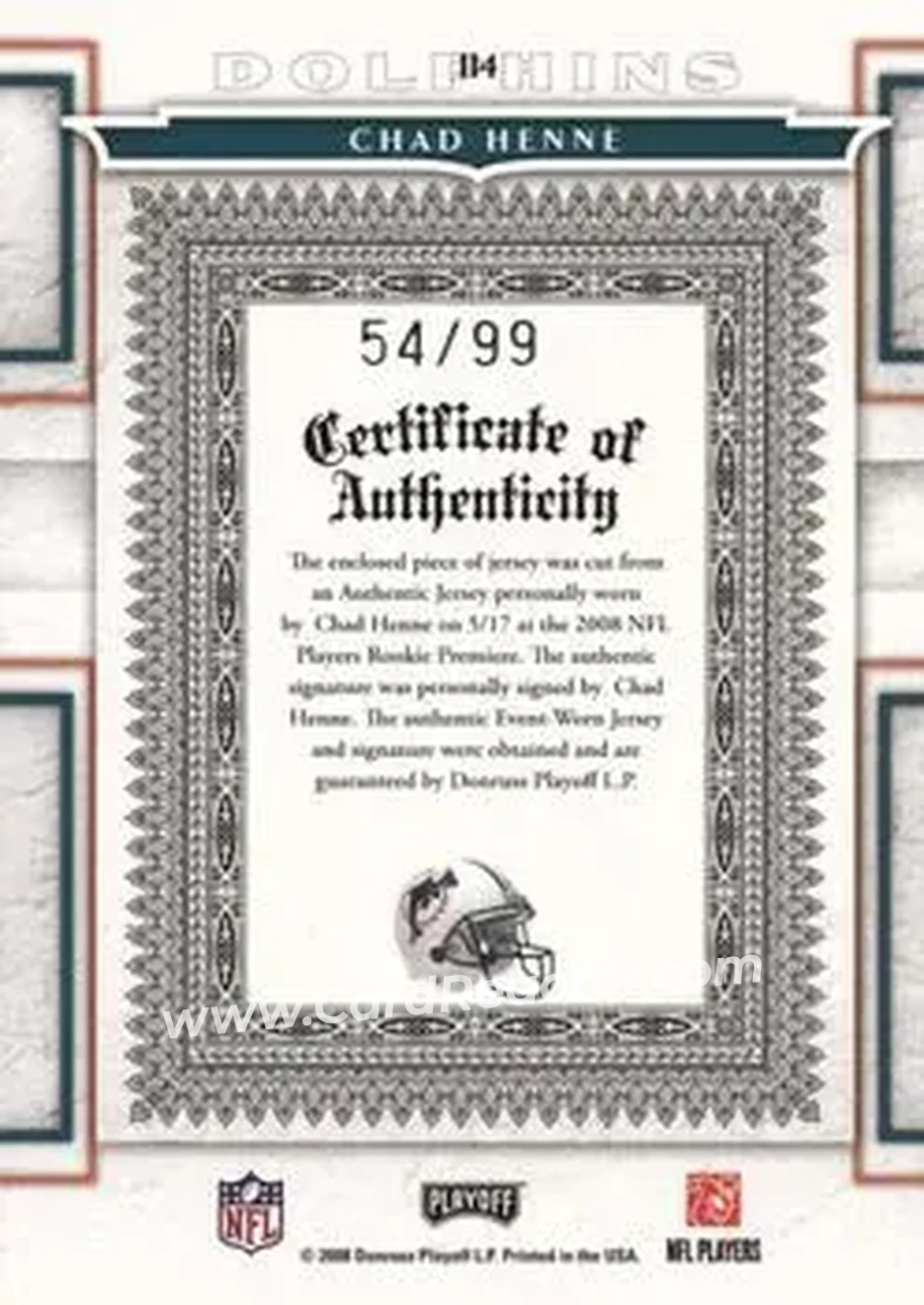 2008 Playoff National Treasures #114 - Chad Henne - Miami Dolphins - Back 2008 Playoff National Treasures #114 - Chad Henne - Miami Dolphins - Back