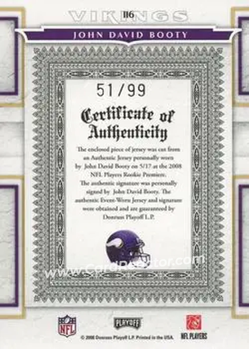 2008 Playoff National Treasures #116 - John David Booty - Minnesota Vikings - Back