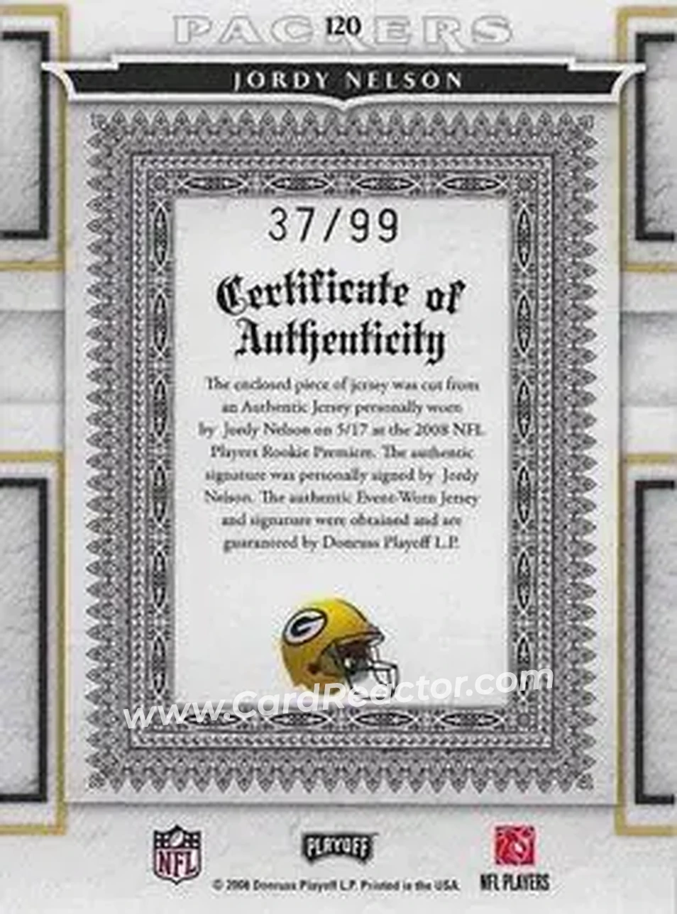 2008 Playoff National Treasures #120 - Jordy Nelson - Green Bay Packers - Back 2008 Playoff National Treasures #120 - Jordy Nelson - Green Bay Packers - Back