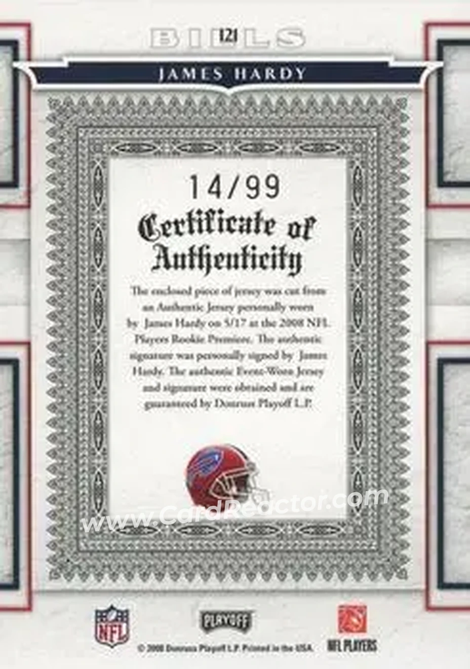 2008 Playoff National Treasures #121 - James Hardy - Buffalo Bills - Back