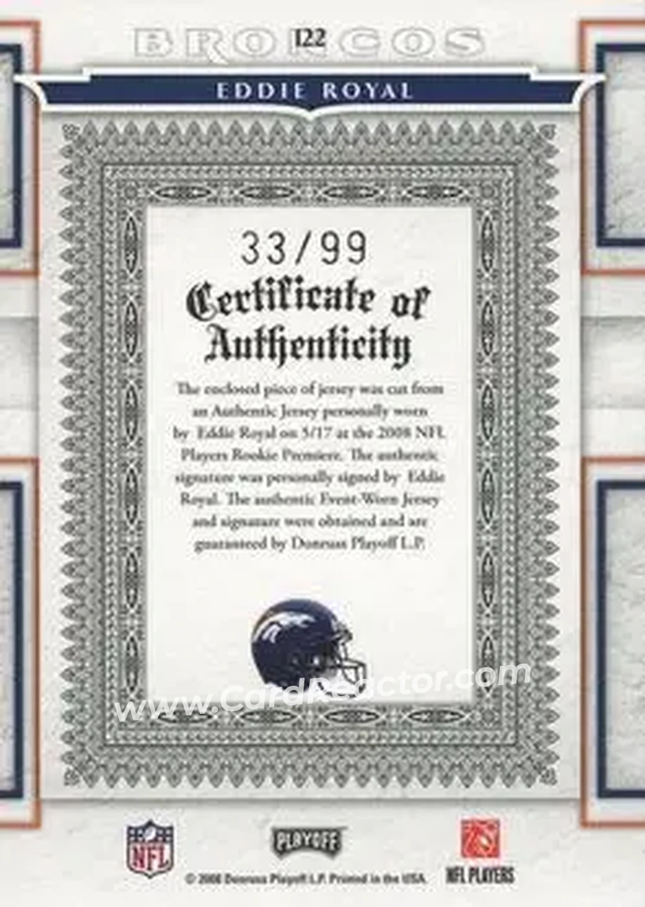 2008 Playoff National Treasures #122 - Eddie Royal - Denver Broncos - Back