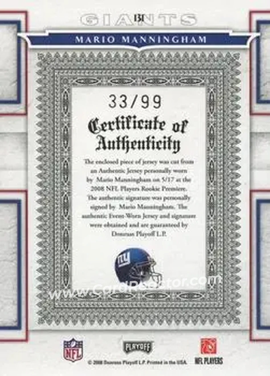2008 Playoff National Treasures #131 - Mario Manningham - New York Giants - Back 2008 Playoff National Treasures #131 - Mario Manningham - New York Giants - Back