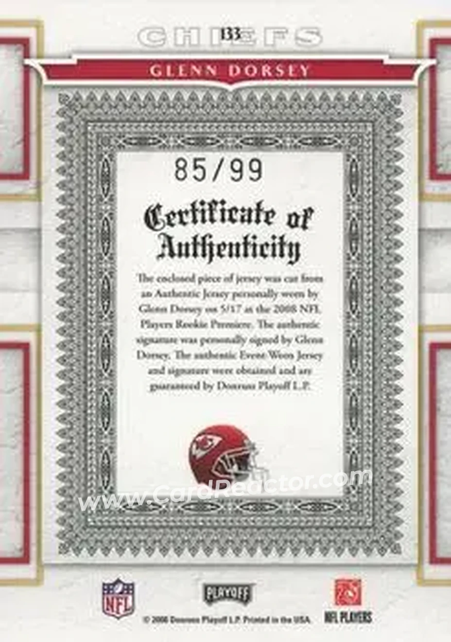 2008 Playoff National Treasures #133 - Glenn Dorsey - Kansas City Chiefs - Back 2008 Playoff National Treasures #133 - Glenn Dorsey - Kansas City Chiefs - Back