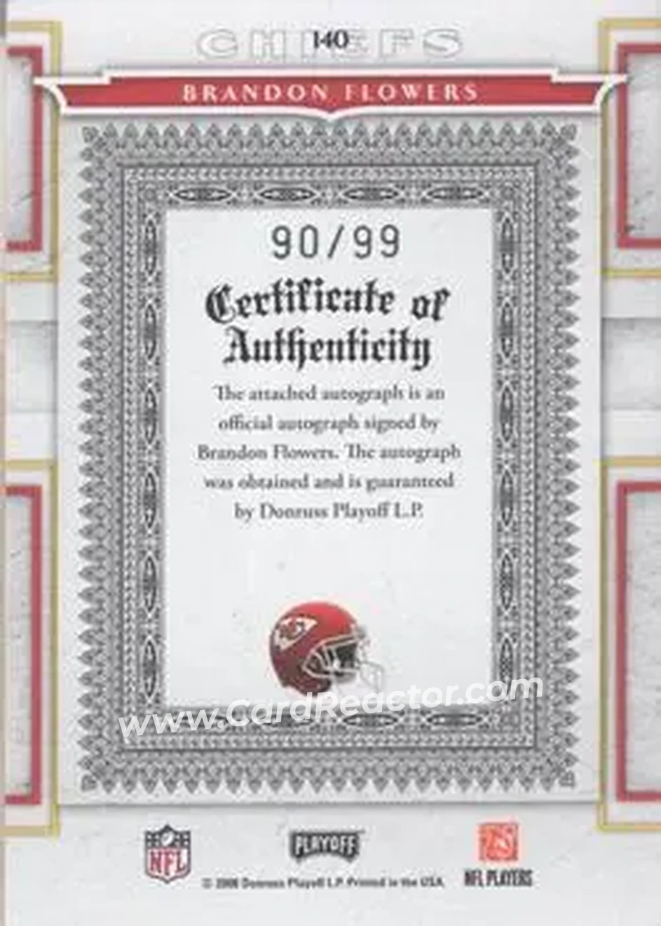 2008 Playoff National Treasures #140 - Brandon Flowers - Kansas City Chiefs - Back 2008 Playoff National Treasures #140 - Brandon Flowers - Kansas City Chiefs - Back
