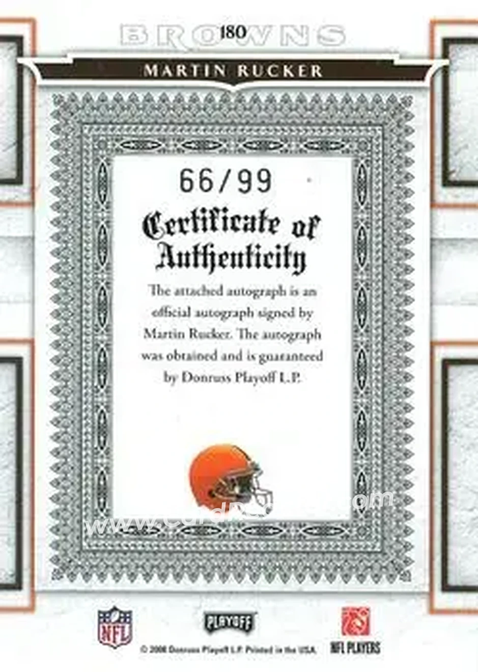 2008 Playoff National Treasures #180 - Martin Rucker - Cleveland Browns - Back 2008 Playoff National Treasures #180 - Martin Rucker - Cleveland Browns - Back