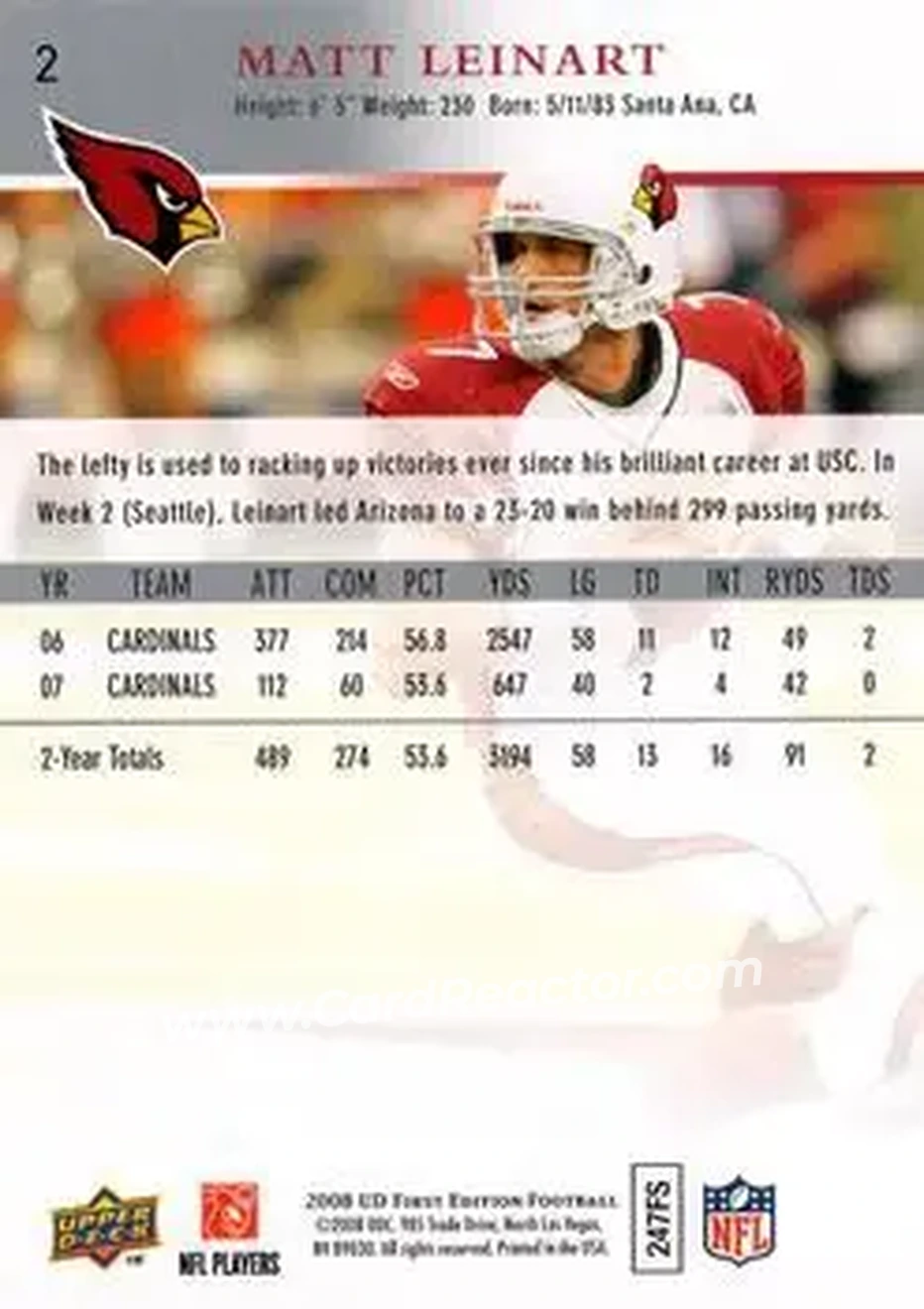 2008 Upper Deck First Edition #2 - Matt Leinart - Arizona Cardinals - Back 2008 Upper Deck First Edition #2 - Matt Leinart - Arizona Cardinals - Back