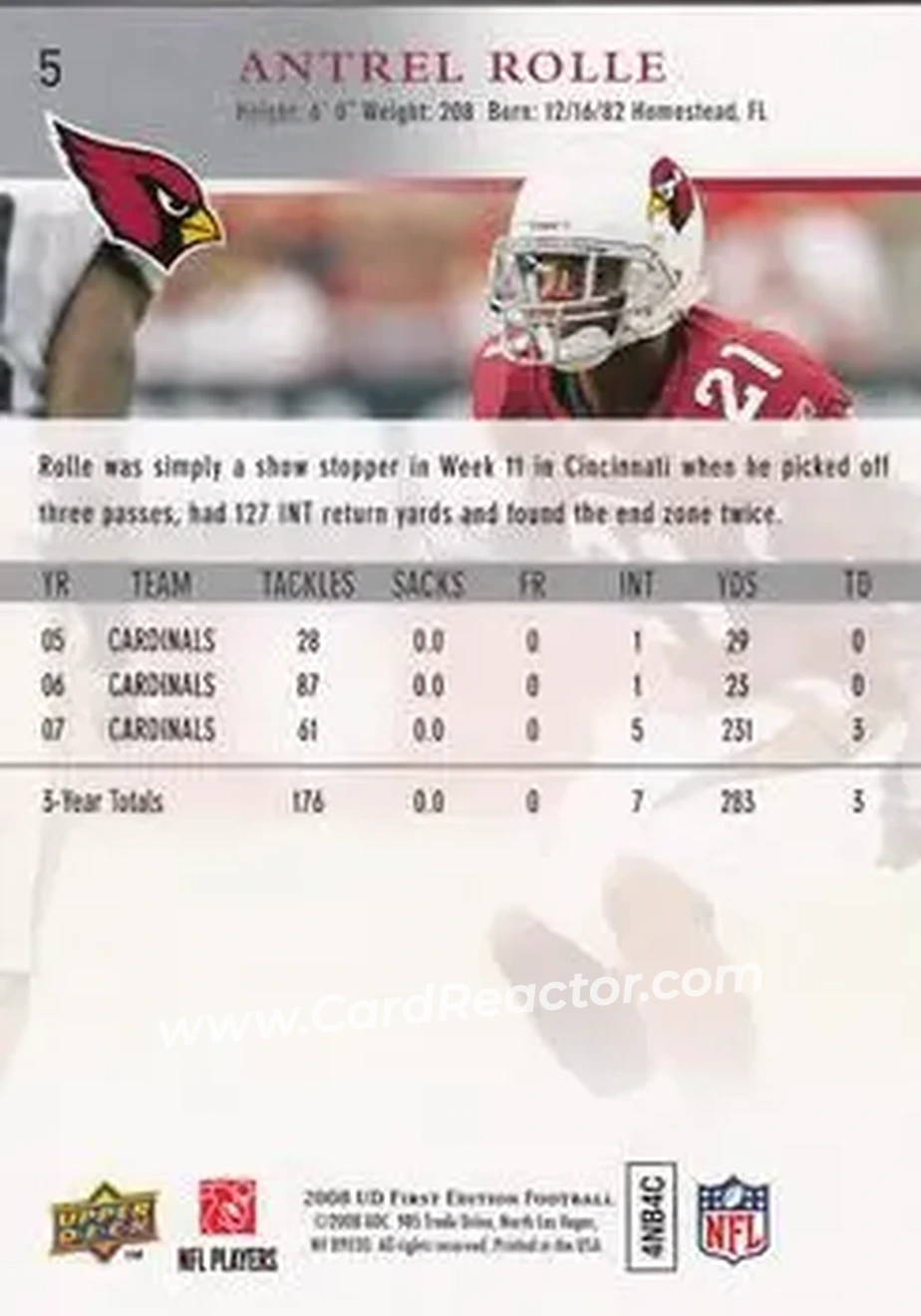 2008 Upper Deck First Edition #5 - Antrel Rolle - Arizona Cardinals - Back
