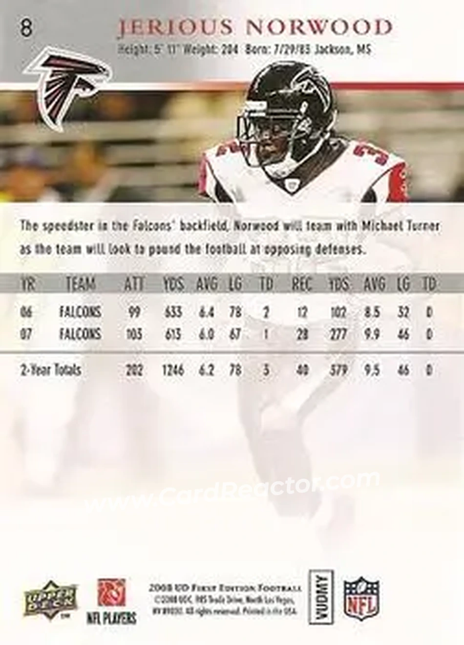 2008 Upper Deck First Edition #8 - Jerious Norwood - Atlanta Falcons - Back