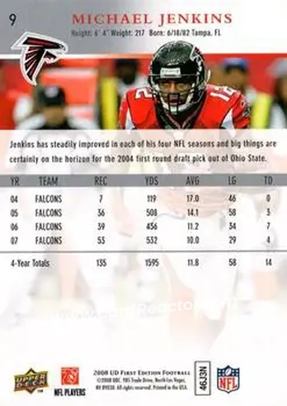 2008 Upper Deck First Edition #9 - Michael Jenkins - Atlanta Falcons - Back