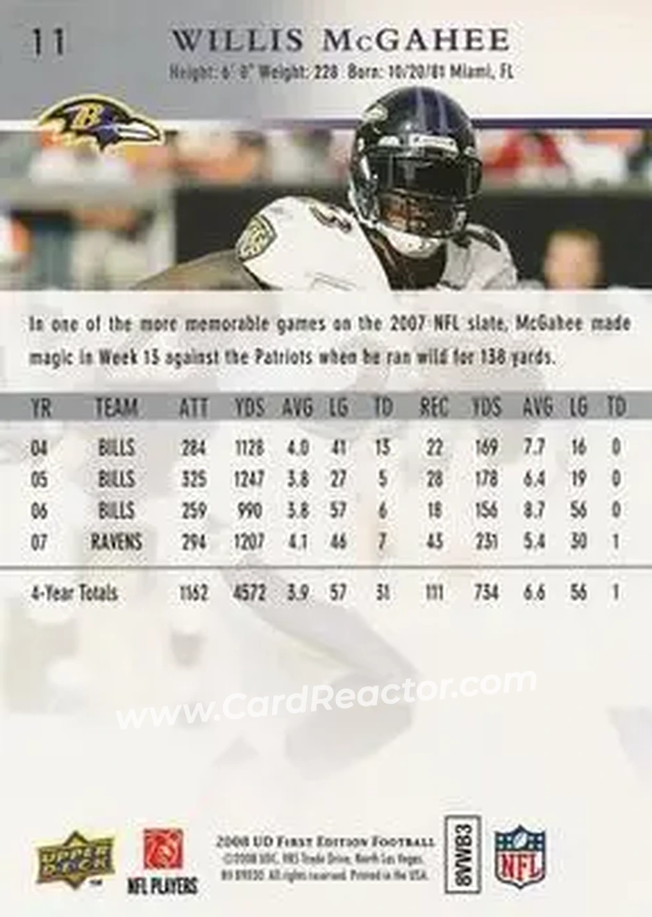 2008 Upper Deck First Edition #11 - Willis McGahee - Baltimore Ravens - Back