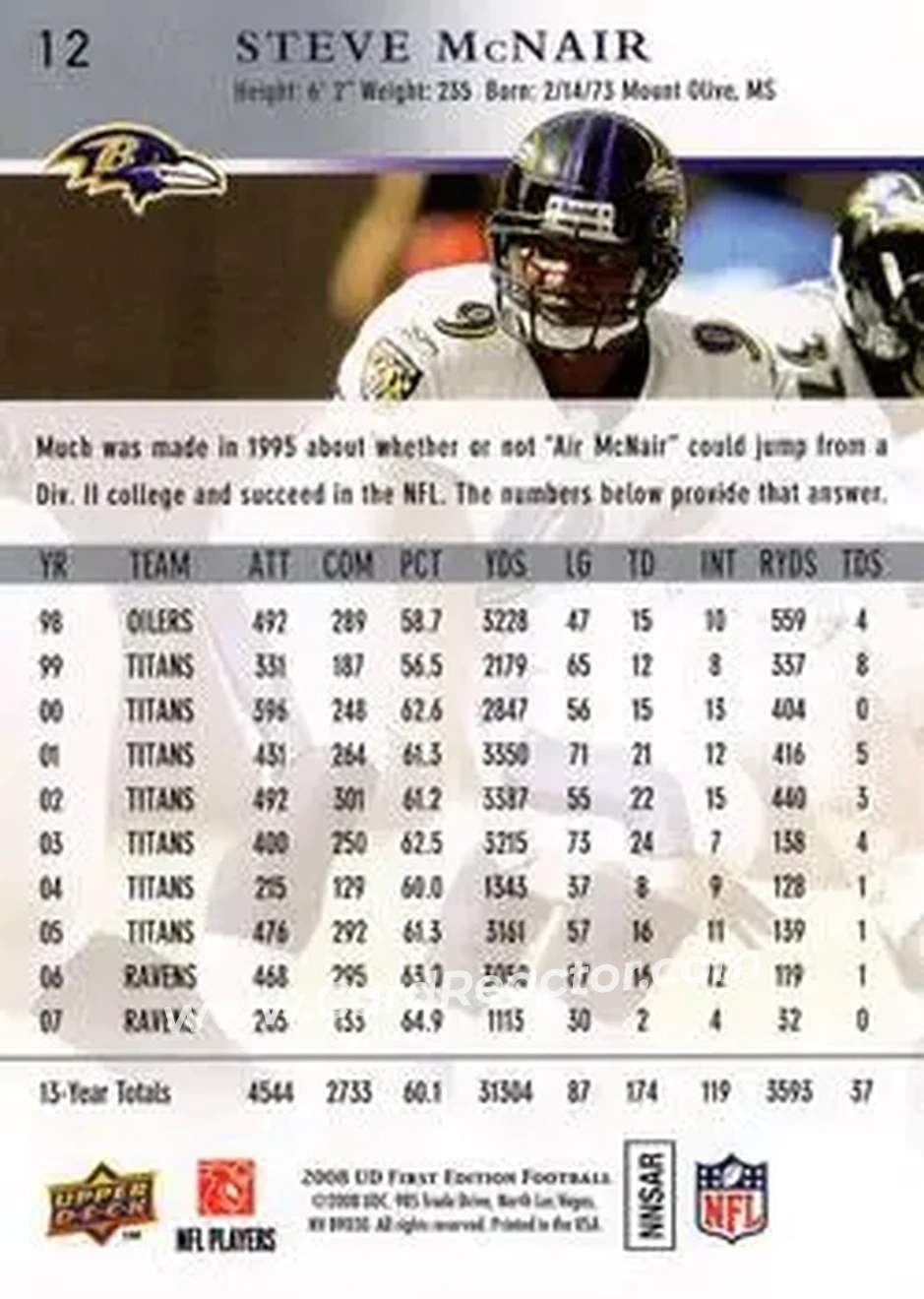 2008 Upper Deck First Edition #12 - Steve McNair - Baltimore Ravens - Back 2008 Upper Deck First Edition #12 - Steve McNair - Baltimore Ravens - Back