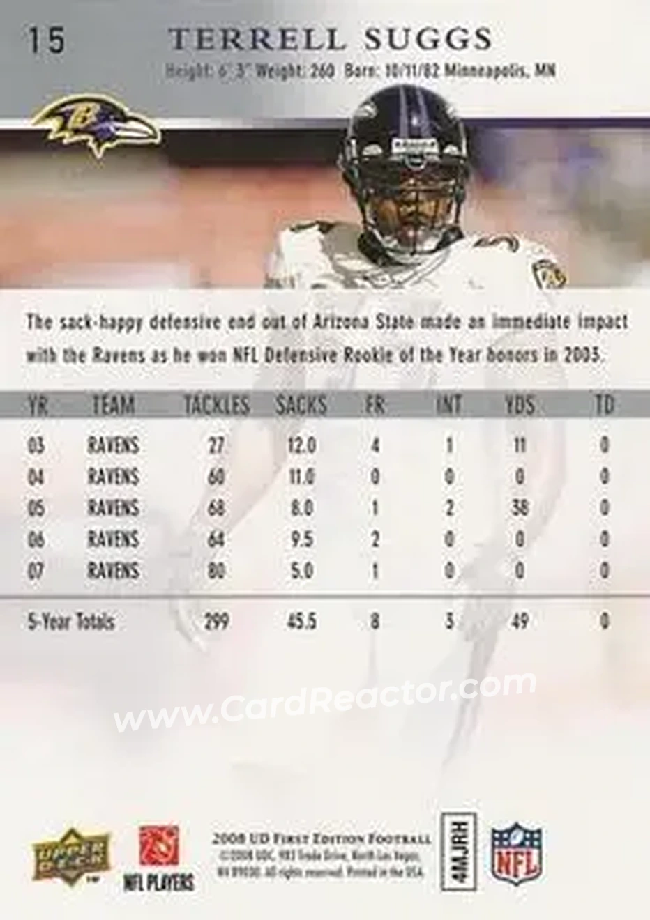 2008 Upper Deck First Edition #15 - Terrell Suggs - Baltimore Ravens - Back 2008 Upper Deck First Edition #15 - Terrell Suggs - Baltimore Ravens - Back