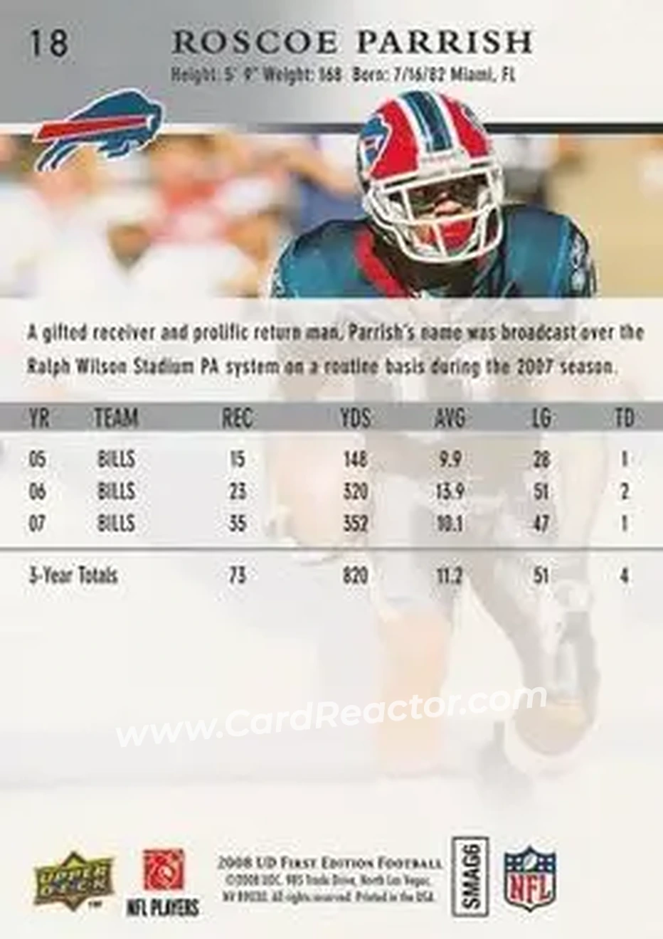 2008 Upper Deck First Edition #18 - Roscoe Parrish - Buffalo Bills - Back
