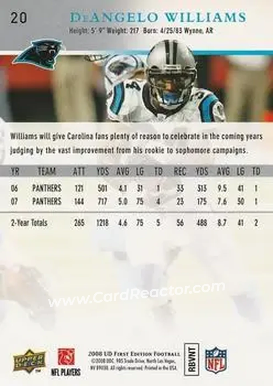 2008 Upper Deck First Edition #20 - DeAngelo Williams - Carolina Panthers - Back
