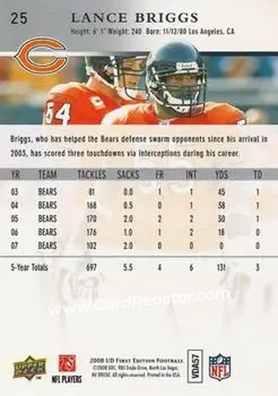 2008 Upper Deck First Edition #25 - Lance Briggs - Chicago Bears - Back