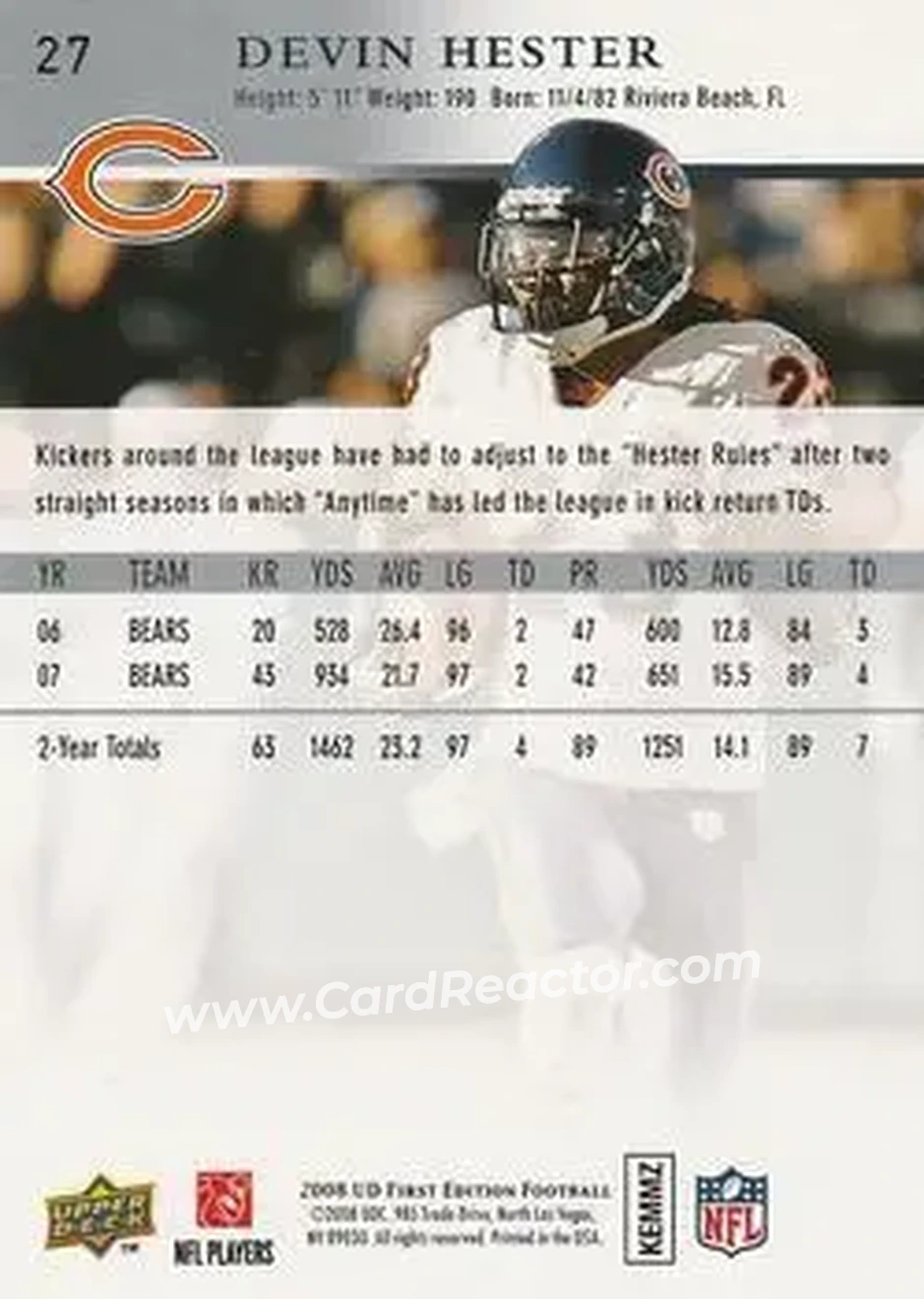 2008 Upper Deck First Edition #27 - Devin Hester - Chicago Bears - Back 2008 Upper Deck First Edition #27 - Devin Hester - Chicago Bears - Back