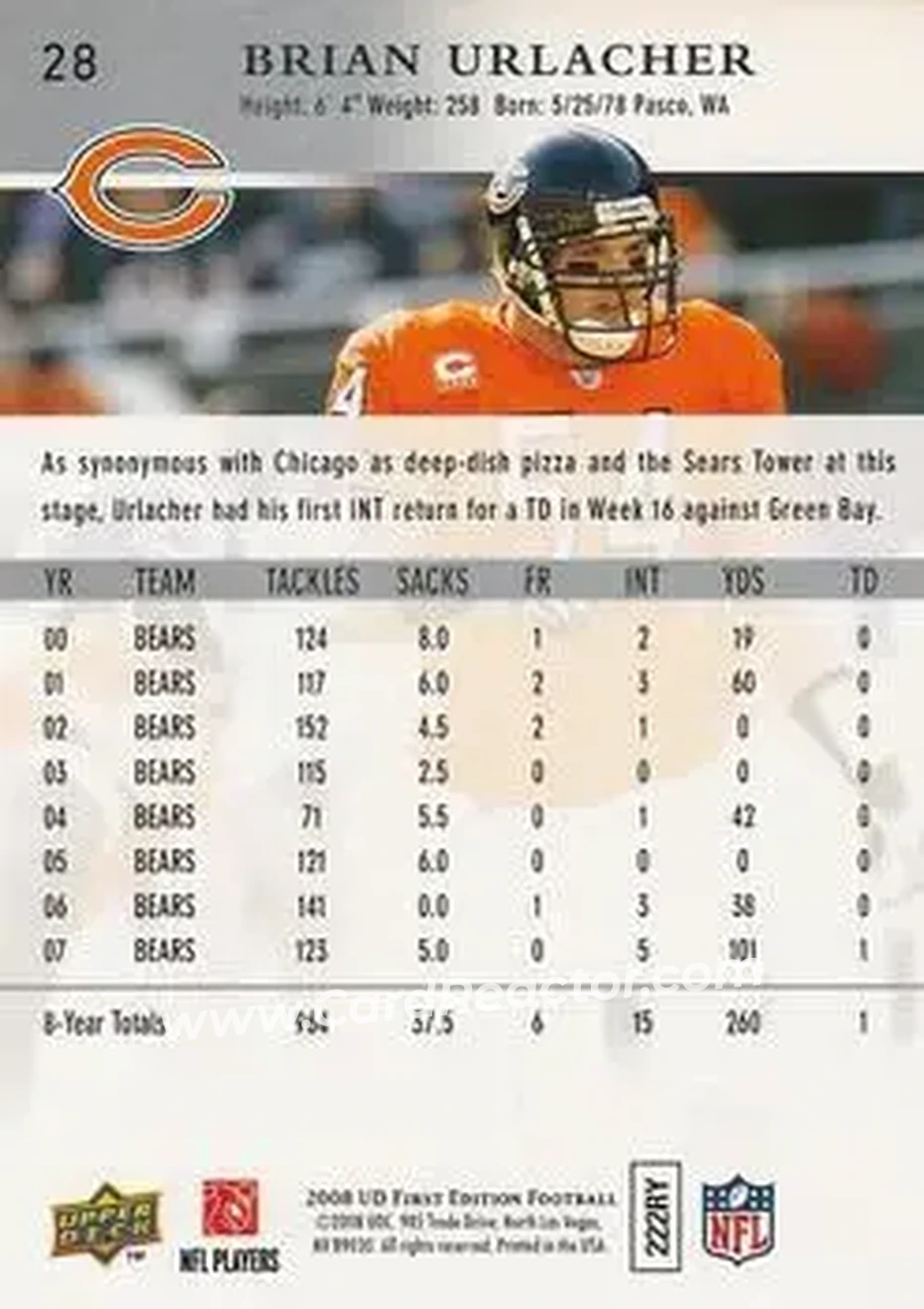 2008 Upper Deck First Edition #28 - Brian Urlacher - Chicago Bears - Back 2008 Upper Deck First Edition #28 - Brian Urlacher - Chicago Bears - Back
