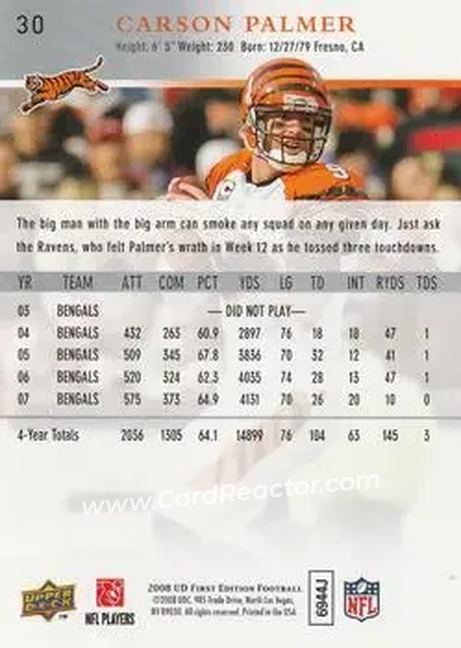 2008 Upper Deck First Edition #30 - Carson Palmer - Cincinnati Bengals - Back