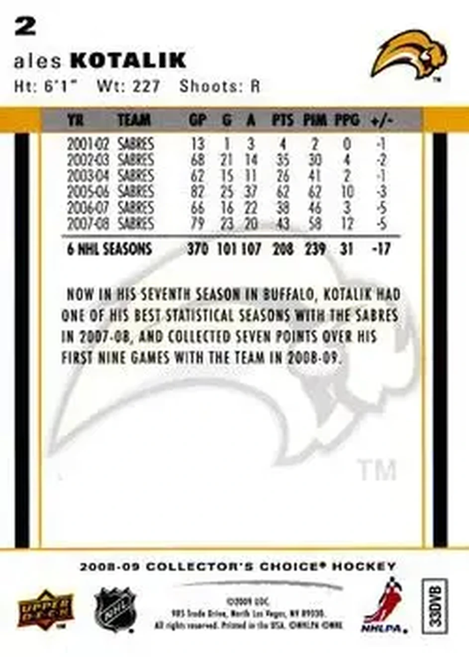 2008-09 Collector's Choice #2 - Ales Kotalik - Buffalo Sabres - Back