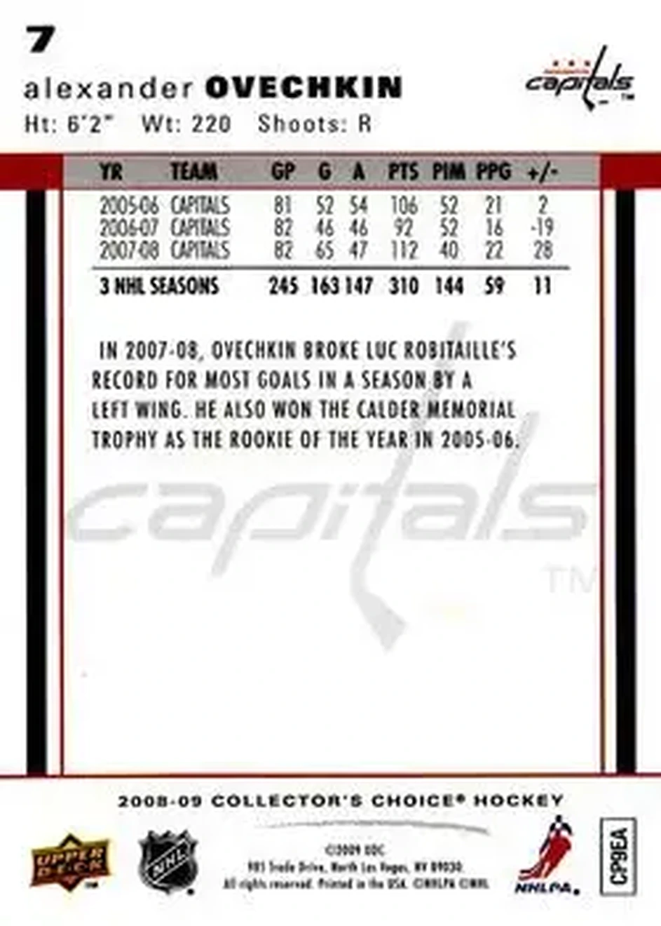 2008-09 Collector's Choice #7 - Alex Ovechkin - Washington Capitals - Back
