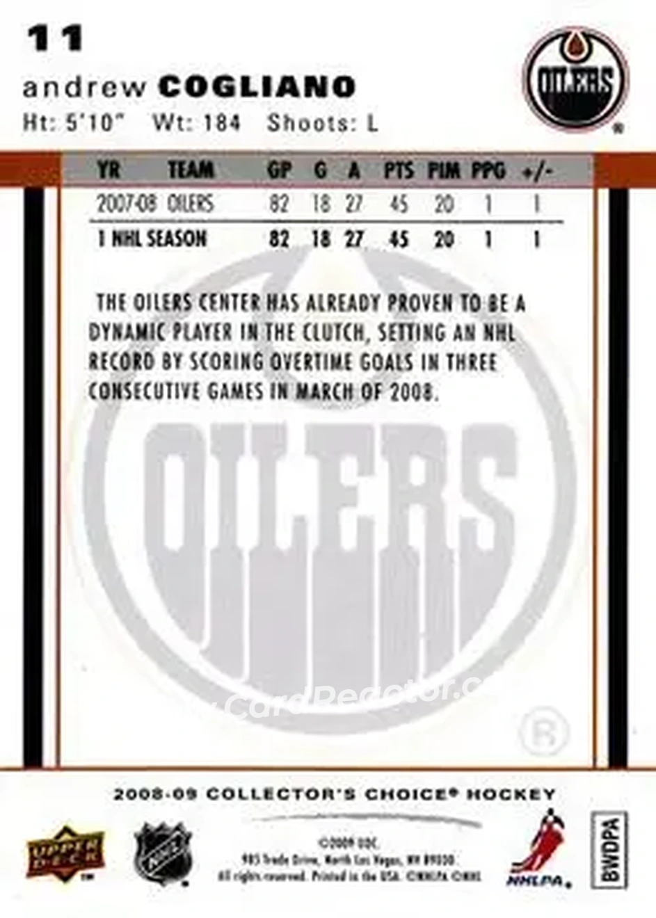 2008-09 Collector's Choice #11 - Andrew Cogliano - Edmonton Oilers - Back