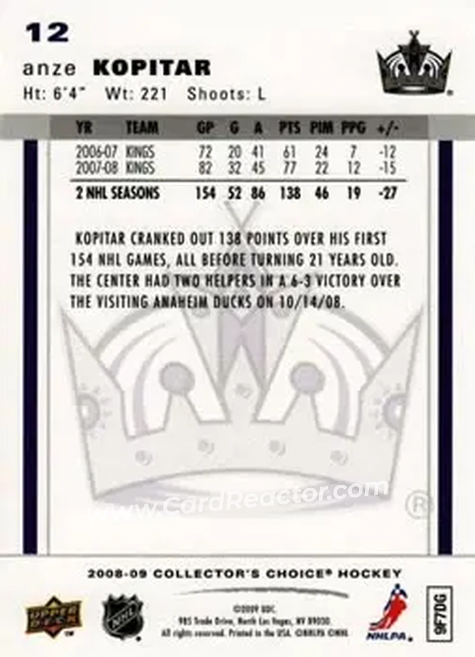 2008-09 Collector's Choice #12 - Anze Kopitar - Los Angeles Kings - Back 2008-09 Collector's Choice #12 - Anze Kopitar - Los Angeles Kings - Back